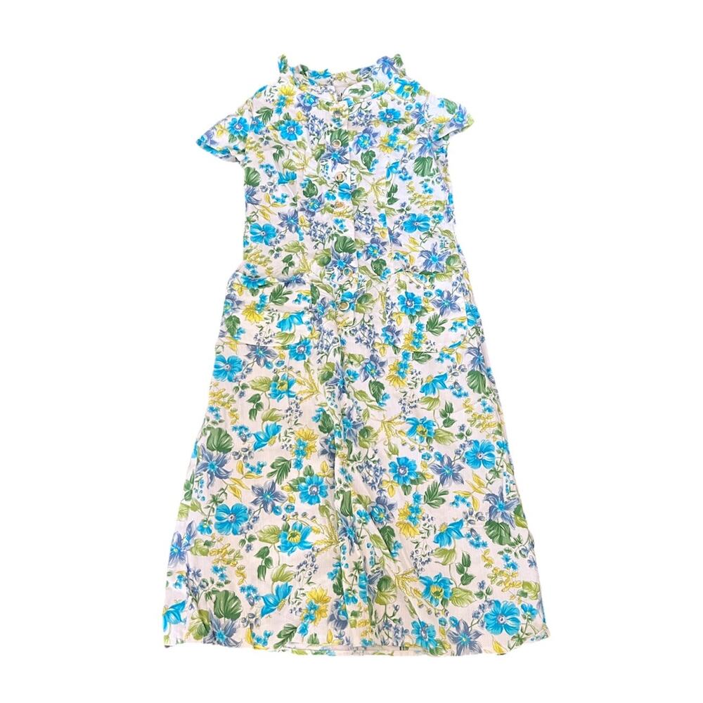 Vintage McMULLEN Dress Blue Green Floral Scalloped Edges Size S/M Cottagecore